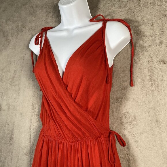 Red Wide Leg Palazzo Jumpsuit M Cotton V Neck Lightweight Summer Travel Resort - Picture 3 of 15